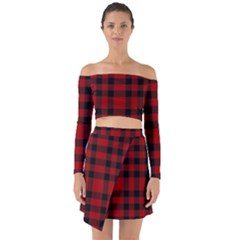 Red And Black Plaids Off Shoulder Top With Skirt Set by ConteMonfrey