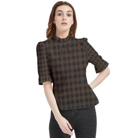 Brown And Black Small Plaids Frill Neck Blouse by ConteMonfrey