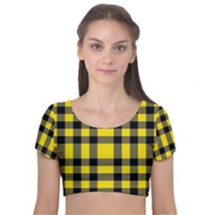 Yellow Plaids Straight Velvet Short Sleeve Crop Top  by ConteMonfrey