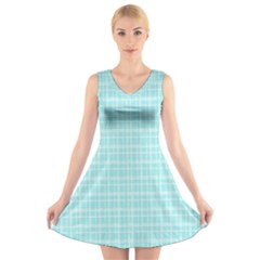 Turquoise Small Plaids Lines V-neck Sleeveless Dress