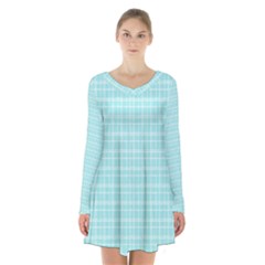 Turquoise Small Plaids Lines Long Sleeve Velvet V-neck Dress by ConteMonfrey