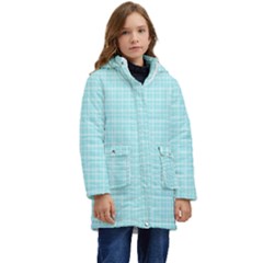 Turquoise Small Plaids Lines Kid s Hooded Longline Puffer Jacket by ConteMonfrey