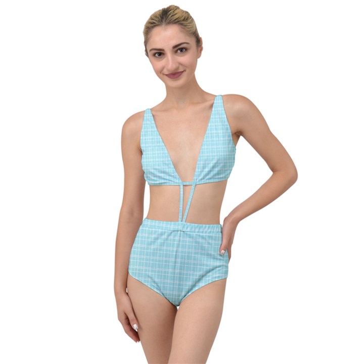 Turquoise Small Plaids Lines Tied Up Two Piece Swimsuit