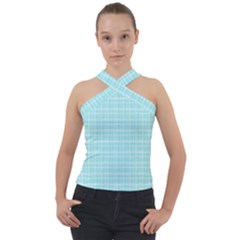 Turquoise Small Plaids Lines Cross Neck Velour Top by ConteMonfrey