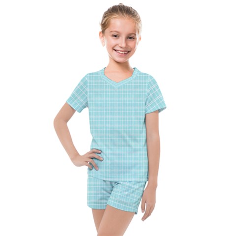 Turquoise Small Plaids Lines Kids  Mesh Tee And Shorts Set by ConteMonfrey