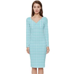 Turquoise Small Plaids Lines Long Sleeve V-neck Bodycon Dress  by ConteMonfrey