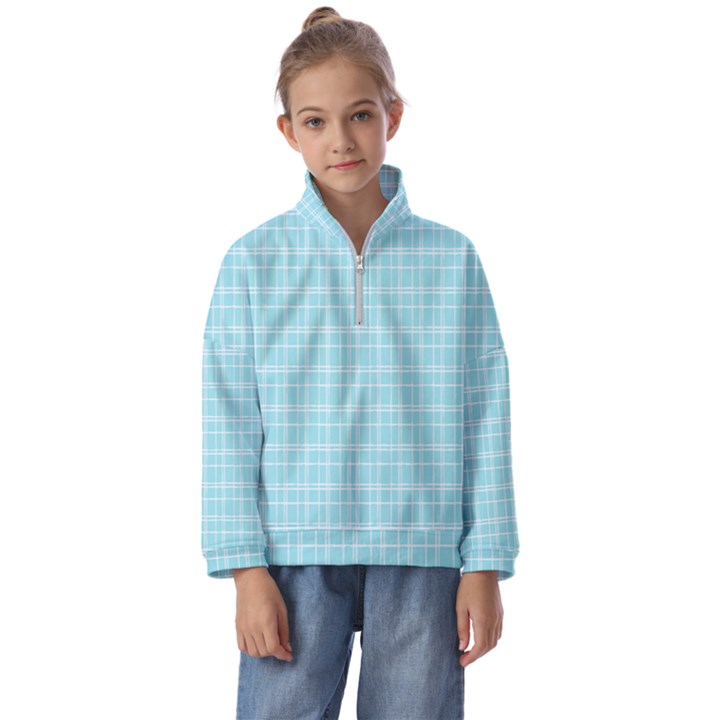 Turquoise Small Plaids Lines Kids  Half Zip Hoodie