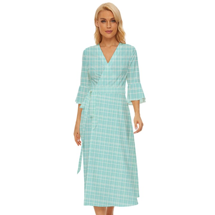 Turquoise Small Plaids Lines Midsummer Wrap Dress