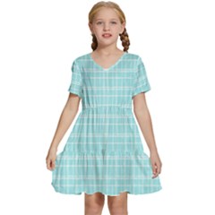 Turquoise Small Plaids Lines Kids  Short Sleeve Tiered Mini Dress by ConteMonfrey