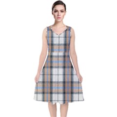 Cute Blue Grey White Plaids V-neck Midi Sleeveless Dress  by ConteMonfrey