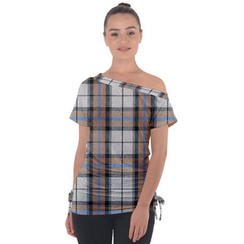 Cute Blue Grey White Plaids Off Shoulder Tie-up Tee by ConteMonfrey