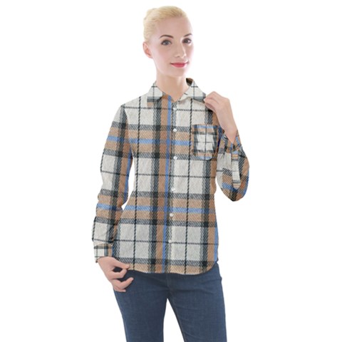 Cute Blue Grey White Plaids Women s Long Sleeve Pocket Shirt by ConteMonfrey