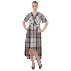 Cute Blue Grey White Plaids Front Wrap High Low Dress