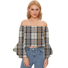 Cute Blue Grey White Plaids Off Shoulder Flutter Bell Sleeve Top by ConteMonfrey