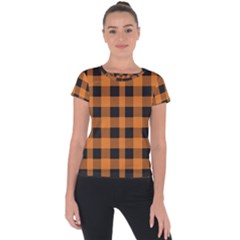 Orange Black Halloween Inspired Plaids Short Sleeve Sports Top  by ConteMonfrey