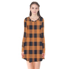 Orange Black Halloween Inspired Plaids Long Sleeve V-neck Flare Dress by ConteMonfrey