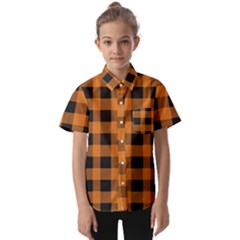 Orange Black Halloween Inspired Plaids Kids  Short Sleeve Shirt by ConteMonfrey