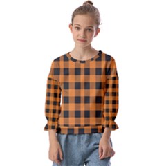 Orange Black Halloween Inspired Plaids Kids  Cuff Sleeve Top