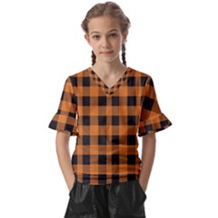 Orange Black Halloween Inspired Plaids Kids  V-neck Horn Sleeve Blouse by ConteMonfrey