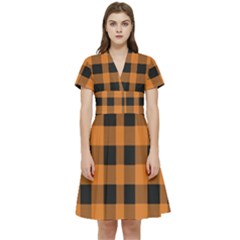 Orange Black Halloween Inspired Plaids Short Sleeve Waist Detail Dress by ConteMonfrey