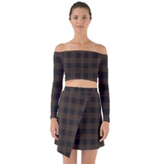 Brown And Black Plaids Off Shoulder Top With Skirt Set by ConteMonfrey