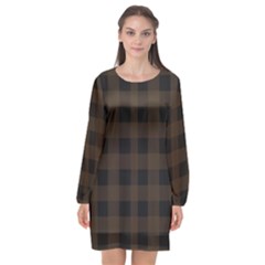 Brown And Black Plaids Long Sleeve Chiffon Shift Dress  by ConteMonfrey