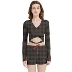 Brown And Black Plaids Velvet Wrap Crop Top And Shorts Set by ConteMonfrey