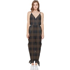 Brown And Black Plaids Sleeveless Tie Ankle Chiffon Jumpsuit by ConteMonfrey