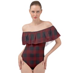 Dark Red Classic Plaids Off Shoulder Velour Bodysuit  by ConteMonfrey