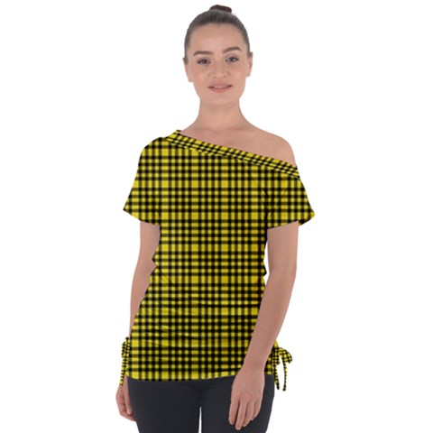 Yellow Small Plaids Off Shoulder Tie-up Tee by ConteMonfrey