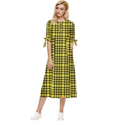 Yellow Small Plaids Bow Sleeve Chiffon Midi Dress by ConteMonfrey