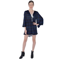 Black And Blue Classic Small Plaids V-neck Flare Sleeve Mini Dress by ConteMonfrey