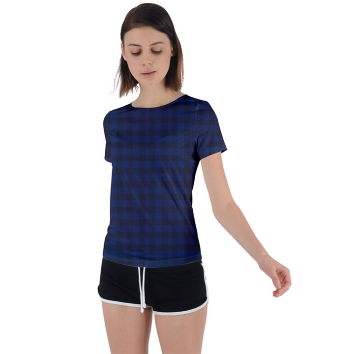 Black and blue classic small plaids Back Circle Cutout Sports Tee