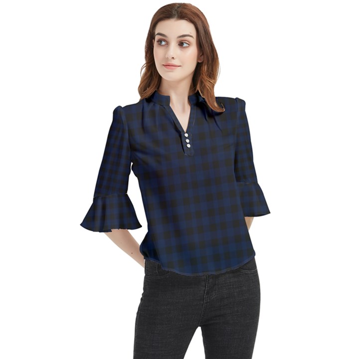 Black and blue classic small plaids Loose Horn Sleeve Chiffon Blouse