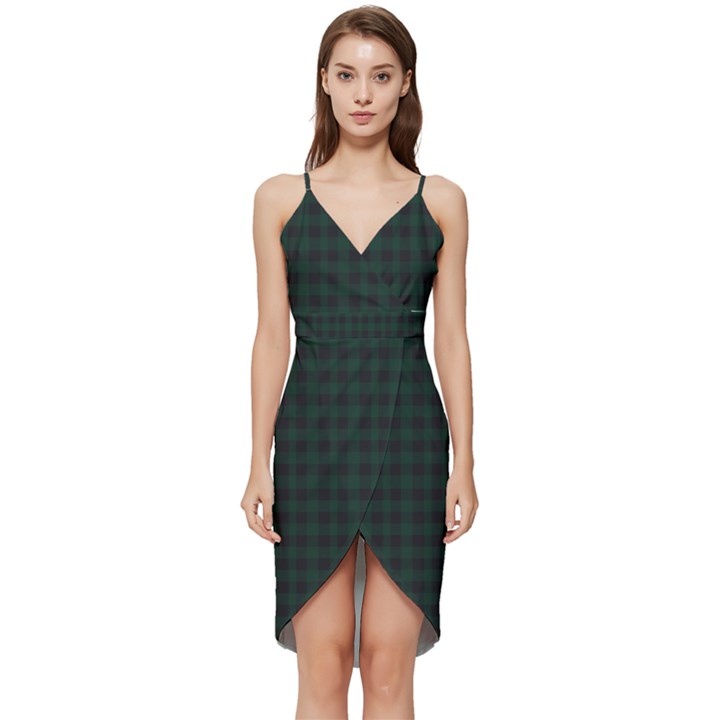 Black and dark green small plaids Wrap Frill Dress