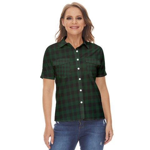 Black And Dark Green Small Plaids Women s Short Sleeve Double Pocket Shirt by ConteMonfrey