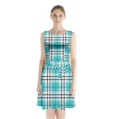 Black, White And Blue Turquoise Plaids Sleeveless Waist Tie Chiffon Dress by ConteMonfrey