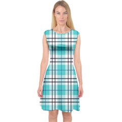 Black, White And Blue Turquoise Plaids Capsleeve Midi Dress by ConteMonfrey