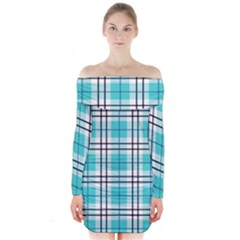 Black, White And Blue Turquoise Plaids Long Sleeve Off Shoulder Dress by ConteMonfrey