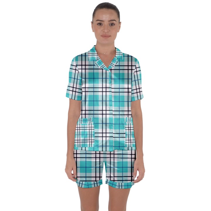 Black, white and blue turquoise plaids Satin Short Sleeve Pajamas Set