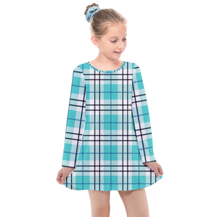 Black, white and blue turquoise plaids Kids  Long Sleeve Dress