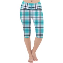 Black, White And Blue Turquoise Plaids Lightweight Velour Cropped Yoga Leggings by ConteMonfrey