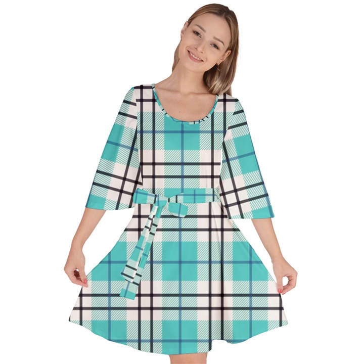 Black, white and blue turquoise plaids Velour Kimono Dress