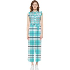 Black, White And Blue Turquoise Plaids Women s Frill Top Chiffon Jumpsuit by ConteMonfrey