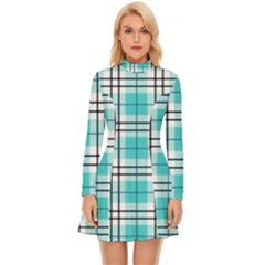 Black, White And Blue Turquoise Plaids Long Sleeve Velour Longline Dress by ConteMonfrey