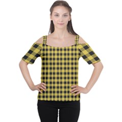 Black And Yellow Small Plaids Cutout Shoulder Tee