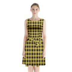 Black And Yellow Small Plaids Sleeveless Waist Tie Chiffon Dress by ConteMonfrey