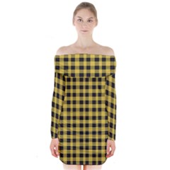 Black And Yellow Small Plaids Long Sleeve Off Shoulder Dress by ConteMonfrey