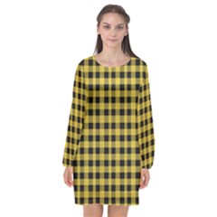 Black And Yellow Small Plaids Long Sleeve Chiffon Shift Dress  by ConteMonfrey