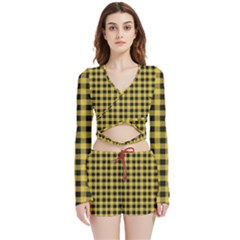 Black And Yellow Small Plaids Velvet Wrap Crop Top And Shorts Set by ConteMonfrey